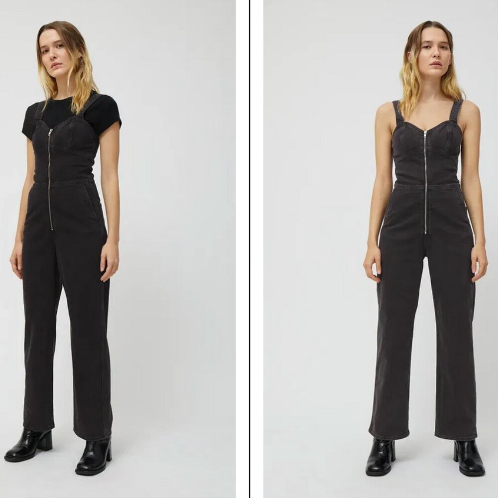 Weekday Black Augusta Jumpsuit Sleeveless Overalls Stretch Denim Zip Front M 40